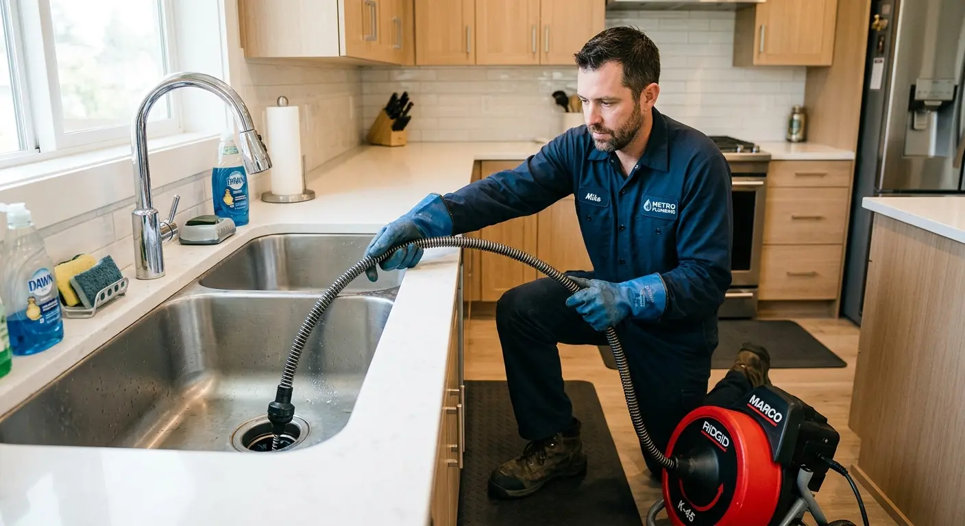 Drain cleaning technician using a motorized snake on a kitchen sink in Russellville